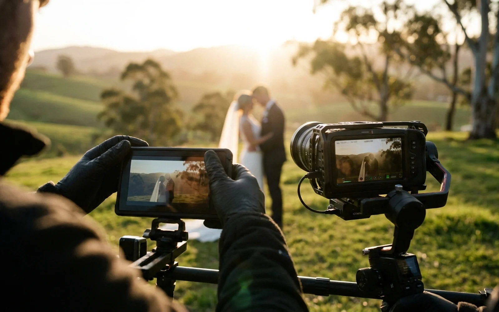 A wedding videographer filming a backlit couple at golden hour in the Adelaide Hills