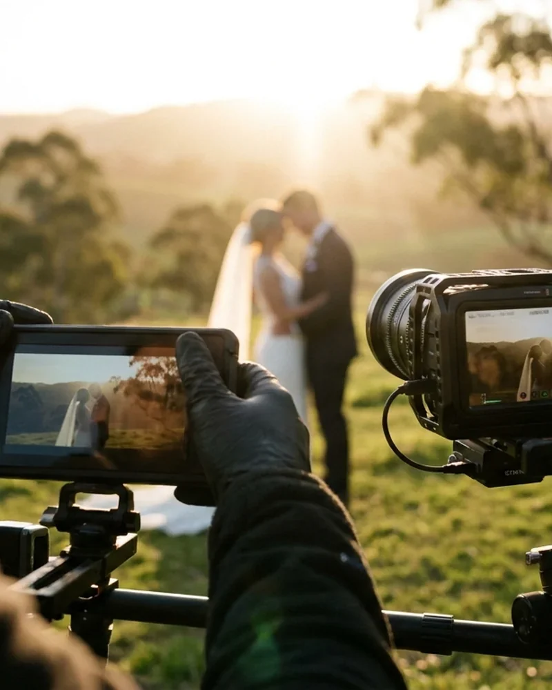 A wedding videographer filming a couple at golden hour in Adelaide