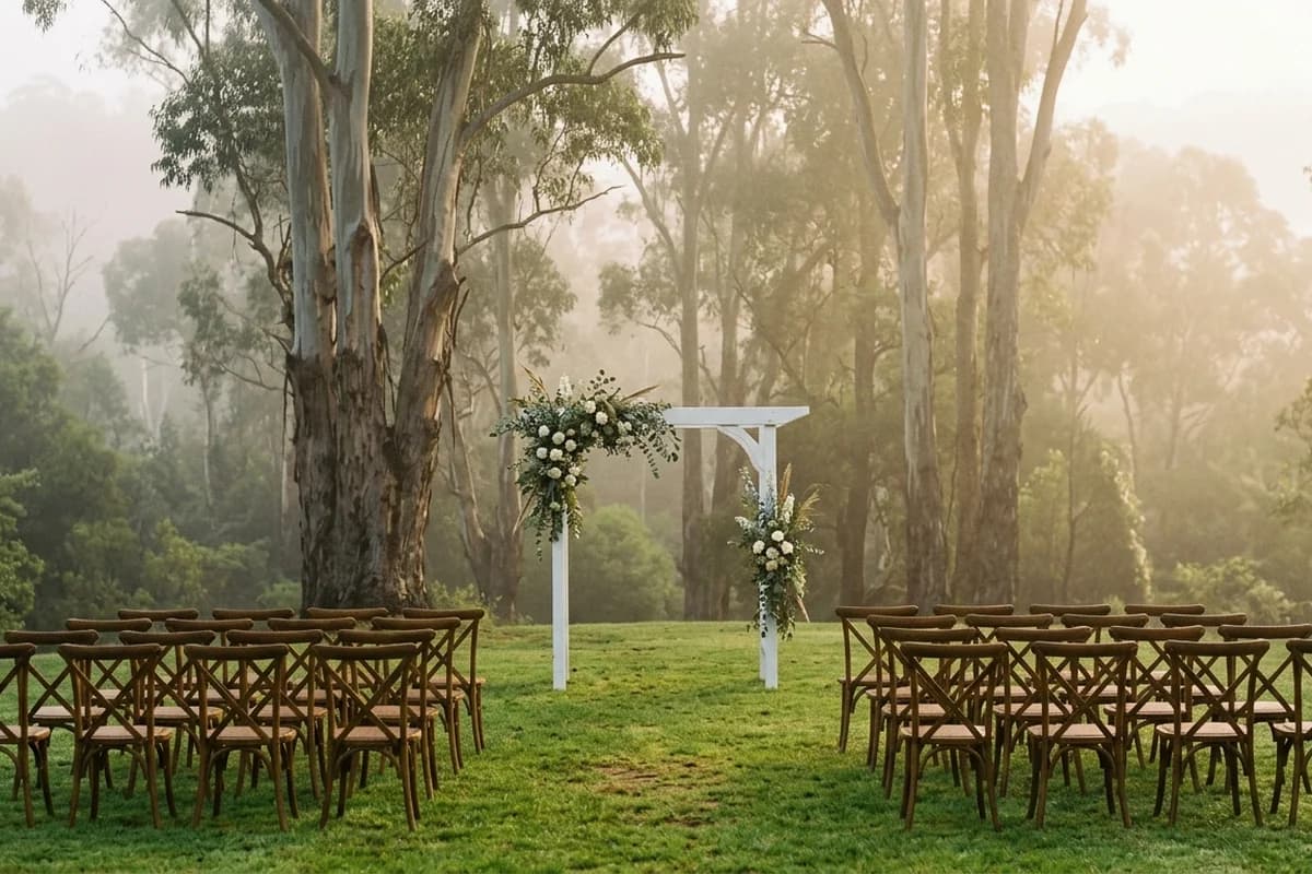 A misty Adelaide Hills garden wedding venue in soft morning light