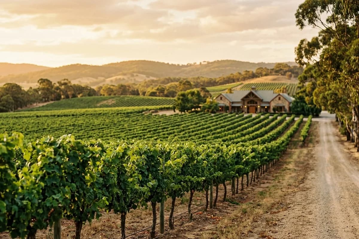 Long Barossa Valley vine rows stretching to the hills at golden hour