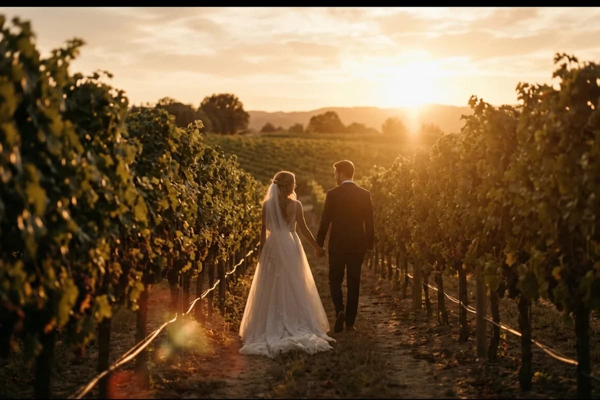 A cinematic wedding film still of a backlit couple at golden hour in a vineyard